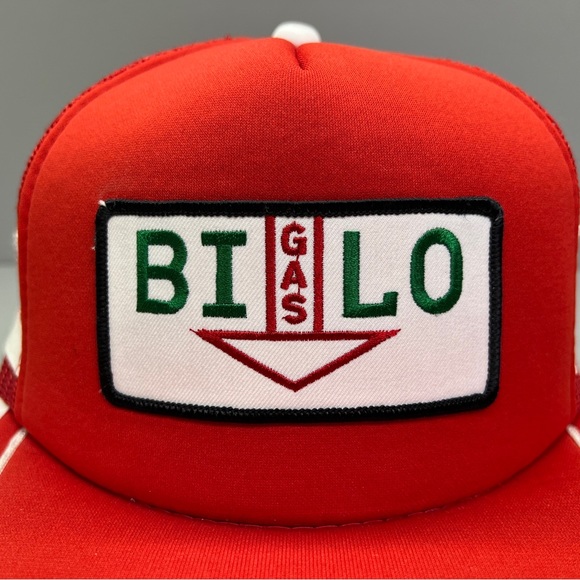 Vintage 3 Stripe Bi Lo Gas Hat Cap Red White Snap Back Trucker Mesh Foam - Picture 4 of 8